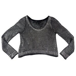 Vintage Rampage Metallic Silver Black Open Knit Sweater Y2K Shimmer Goth SM Crop